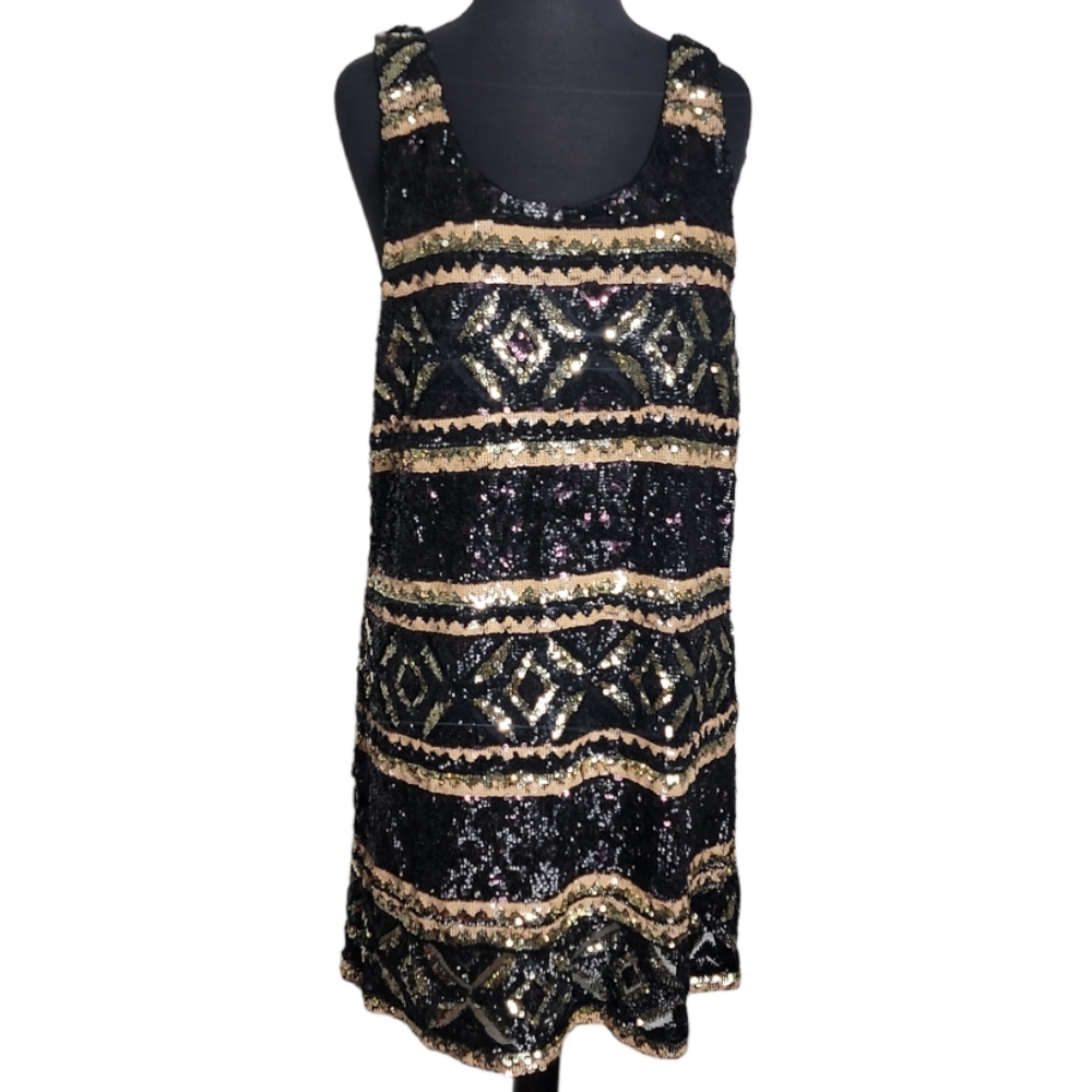 Free People sequin shift mini dress black gold boho sleeveless women's large